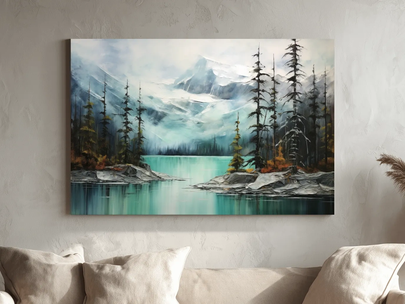 Misty Turquoise Mountain Lake Painting - Serene Alpine Forest Landscape Wall Art
