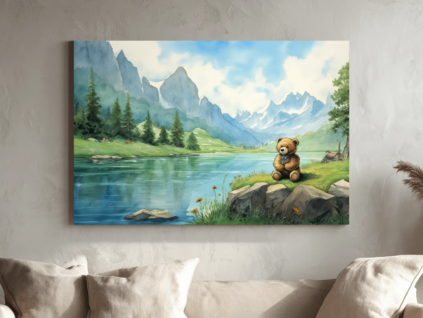 Whimsical Teddy Bear By Mountain Lake - Cute Watercolor Nursery Wall Art
