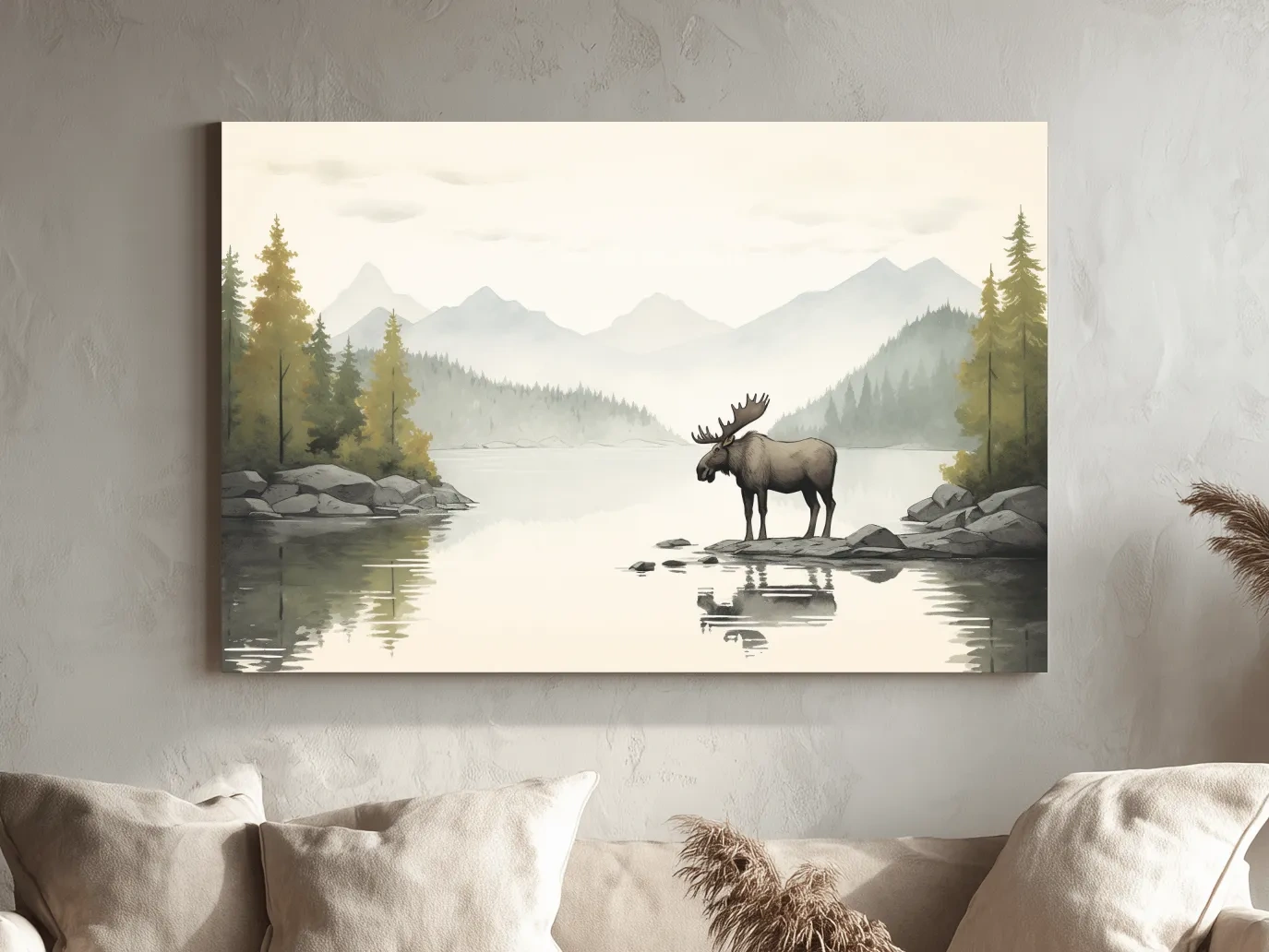 Childrens nursery illustration of a moose by a lake