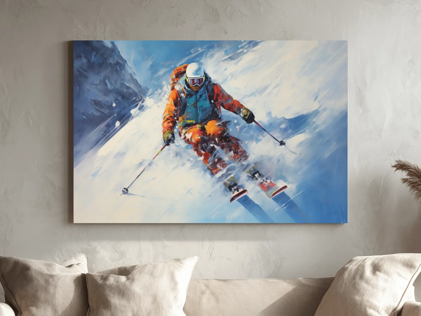 Dynamic Downhill Skier Painting - Snowy Alpine Adventure Wall Art