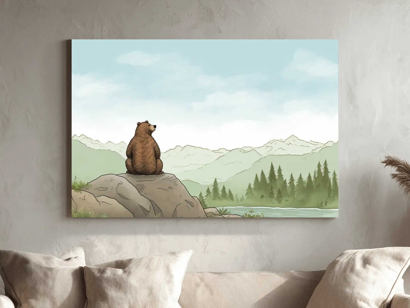 Whimsical Bear Overlooking Mountains - Cute Illustrated Nursery Wall Art