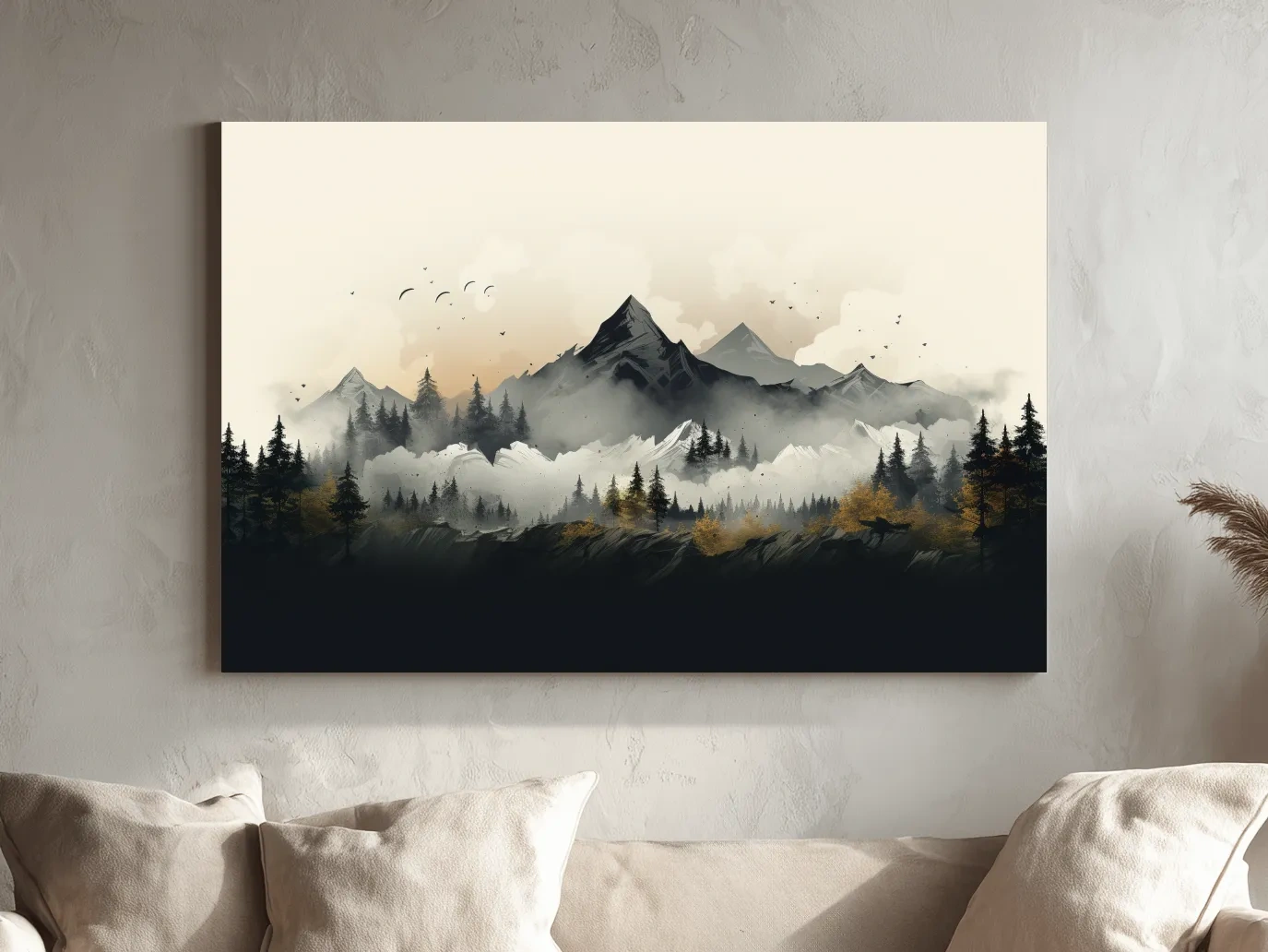 Misty Mountain Range With Pine Forest Illustration - Moody Landscape Wall Art