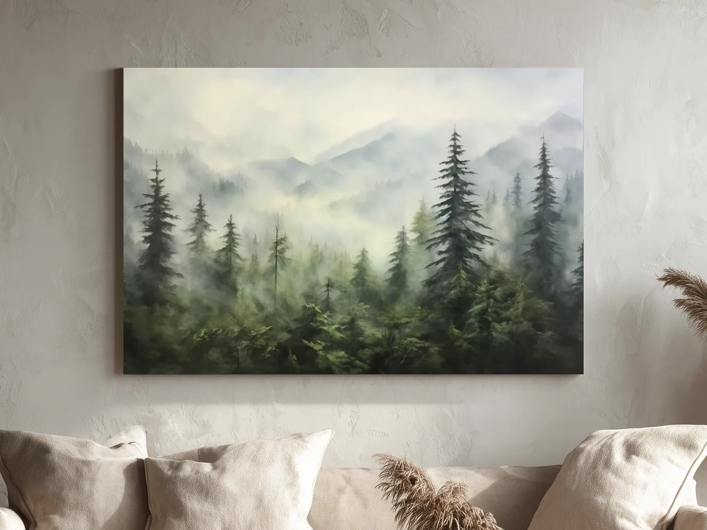 Misty Evergreen Forest Mountains Watercolor - Serene Foggy Landscape Artwork