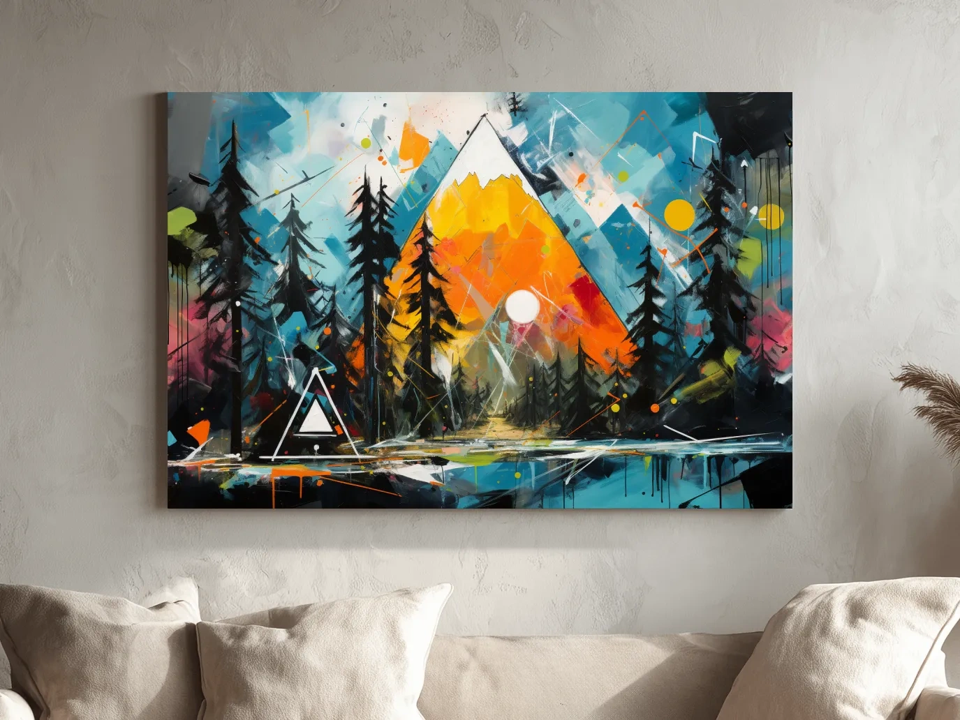 Vibrant Abstract Mountain Sunrise With Pine Forest - Energetic Landscape Wall Art