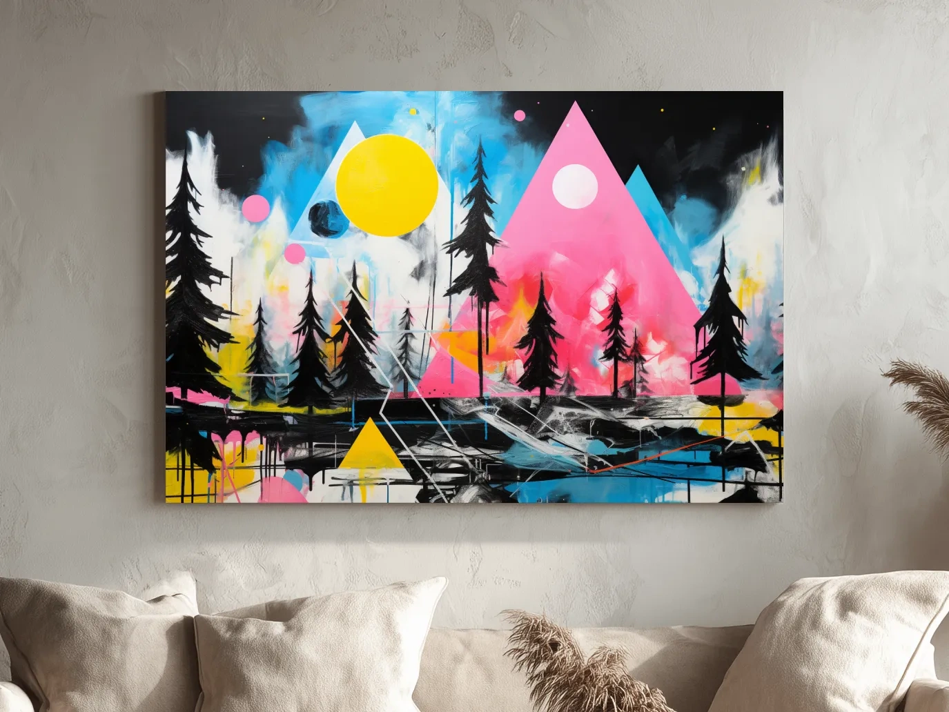 Neon Geometric Mountain Forest Painting - Vibrant Abstract Wall Art