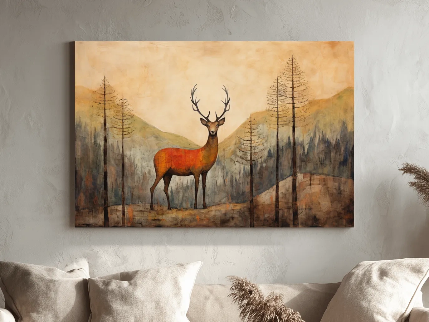 Rustic Woodland Stag Watercolor Painting - Autumn Mountain Forest Wildlife Wall Art
