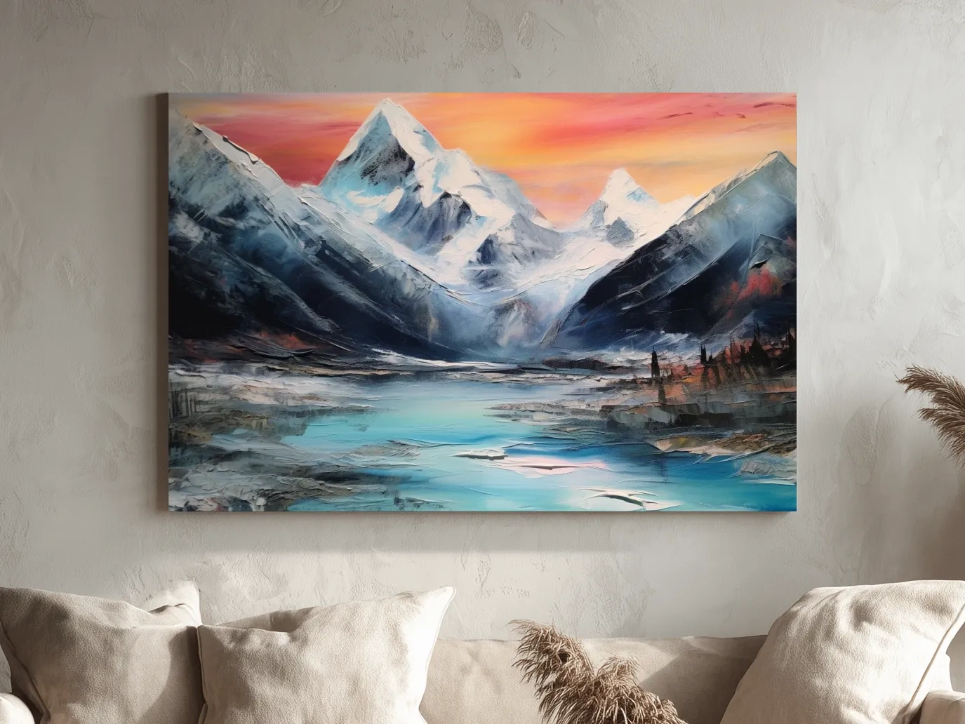 Bold oil painting of a glacier at sunset