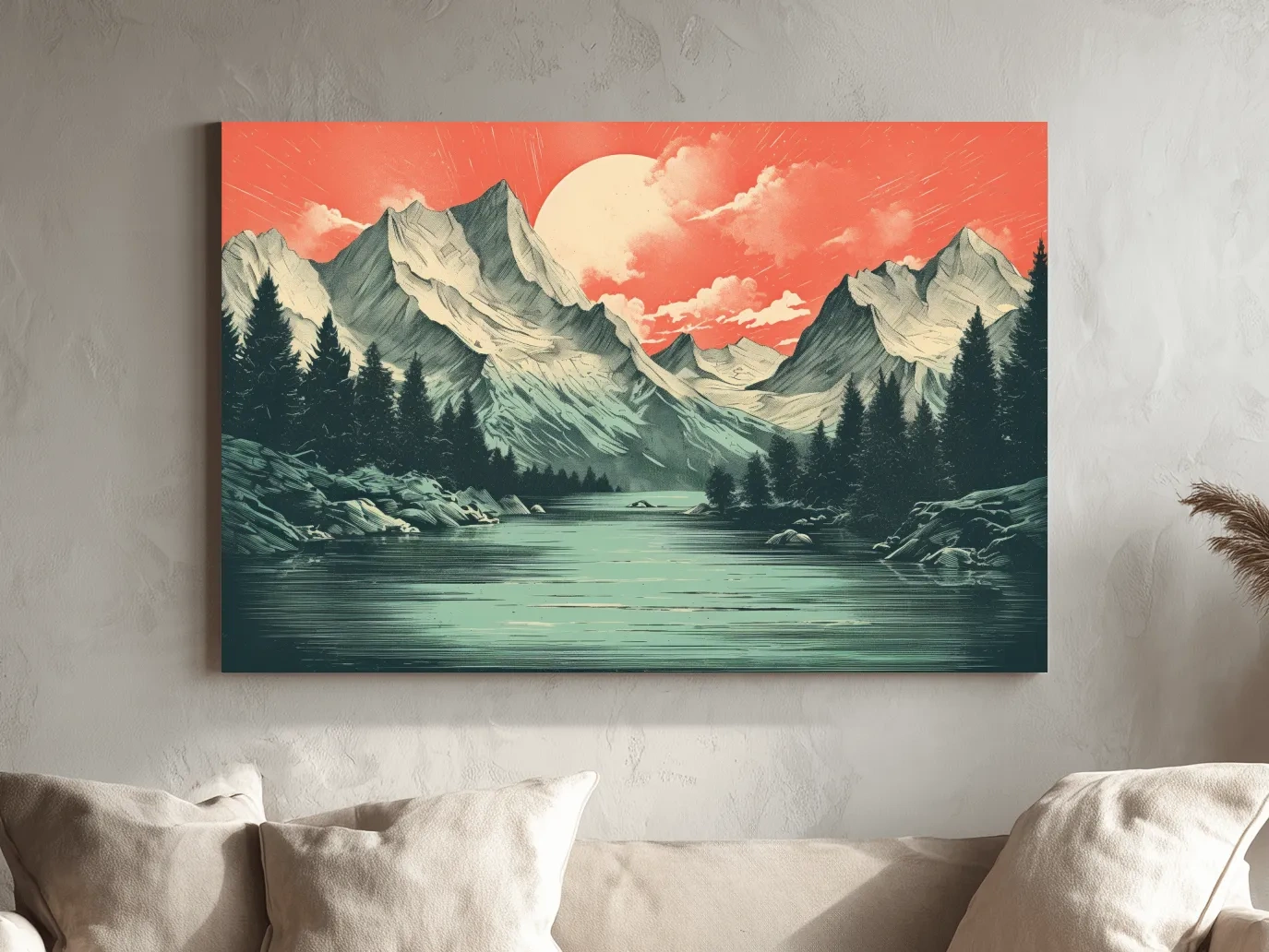 Retro Alpine Mountain Lake Sunset - Vintage Risograph Landscape Wall Art