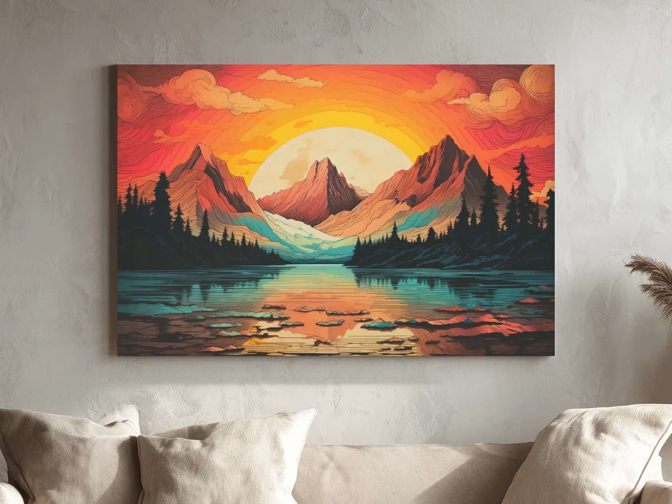 Vibrant Retro Alpine Lake Sunset - Stylized Mountain Wall Art