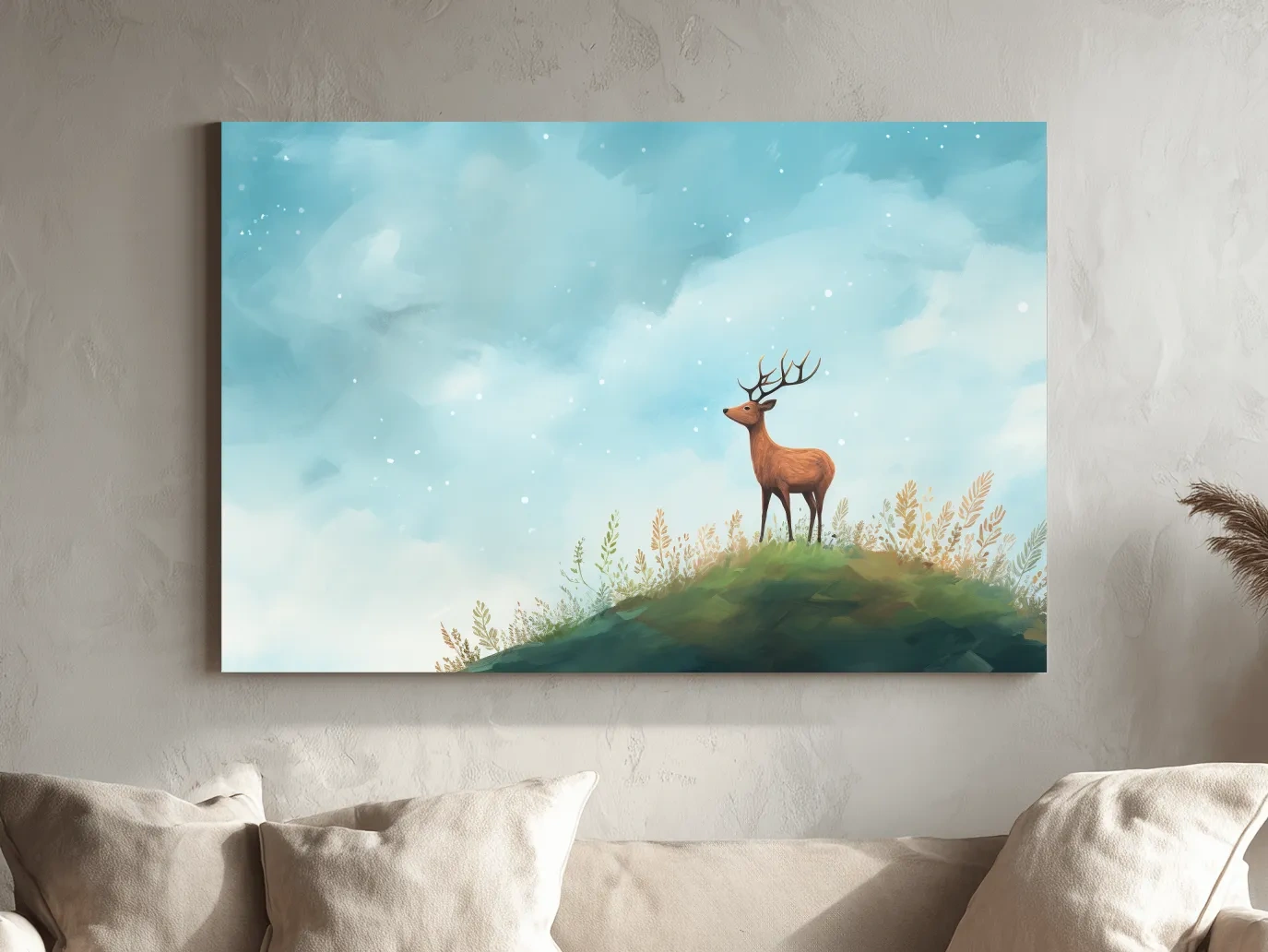 Whimsical Watercolor Stag On Meadow Hill - Nursery Woodland Wildlife Wall Art