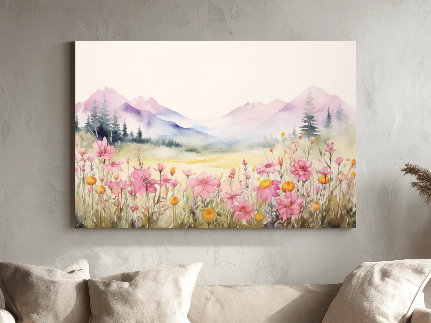 Pastel Wildflower Meadow Mountains Watercolor - Serene Alpine Wall Art
