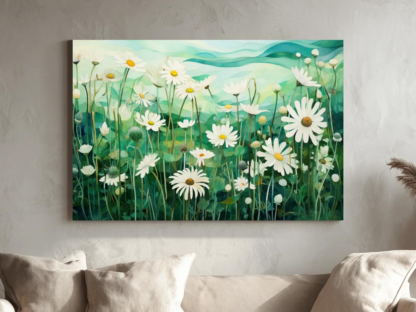 Whimsical Wild Daisy Meadow Landscape - Botanical Watercolor Style Wall Art