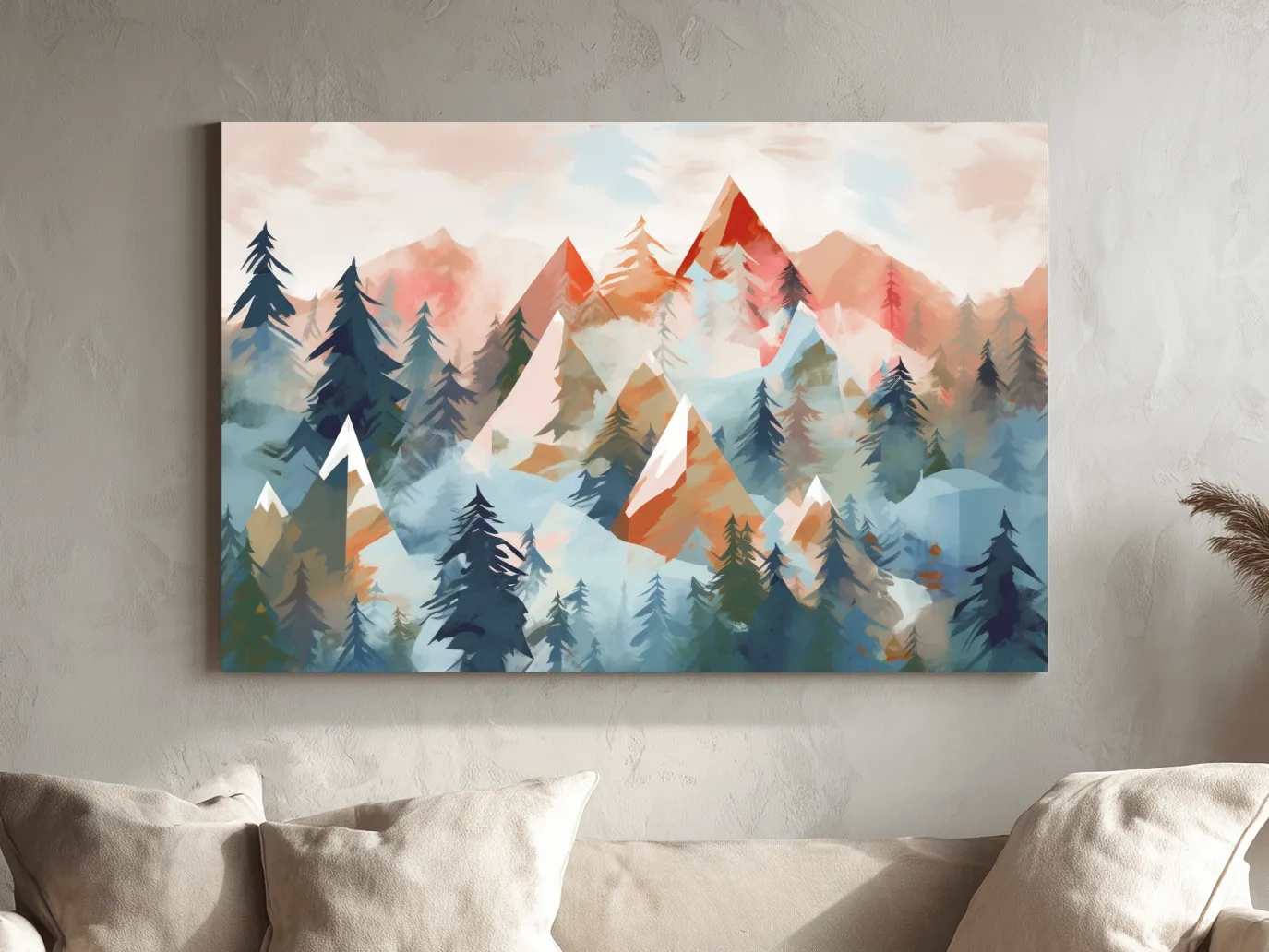 Abstract Watercolor Alpine Mountains And Pine Forest - Modern Geometric Landscape Wall Art