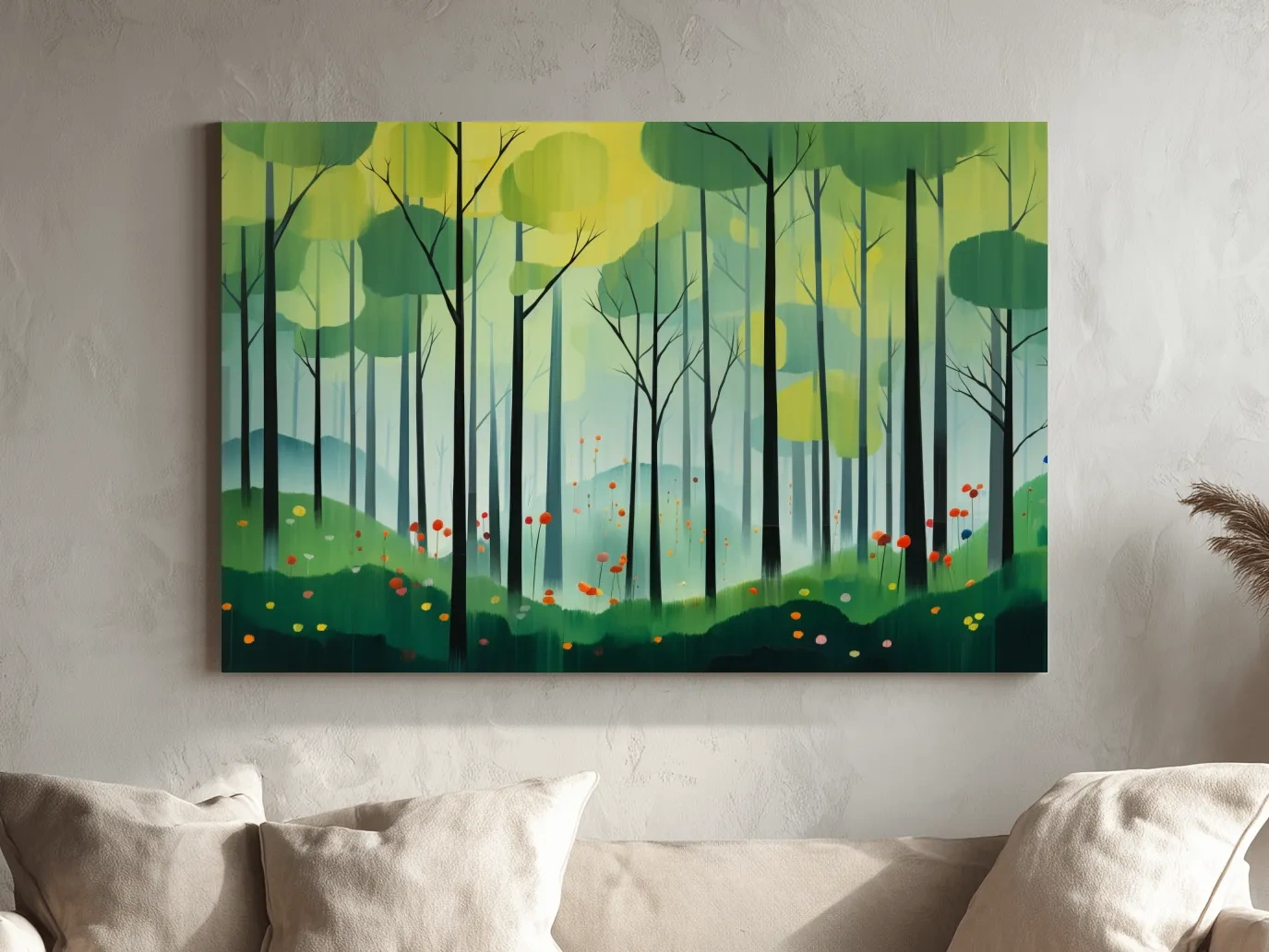Whimsical Misty Forest Grove Illustration - Woodland Landscape Wall Art