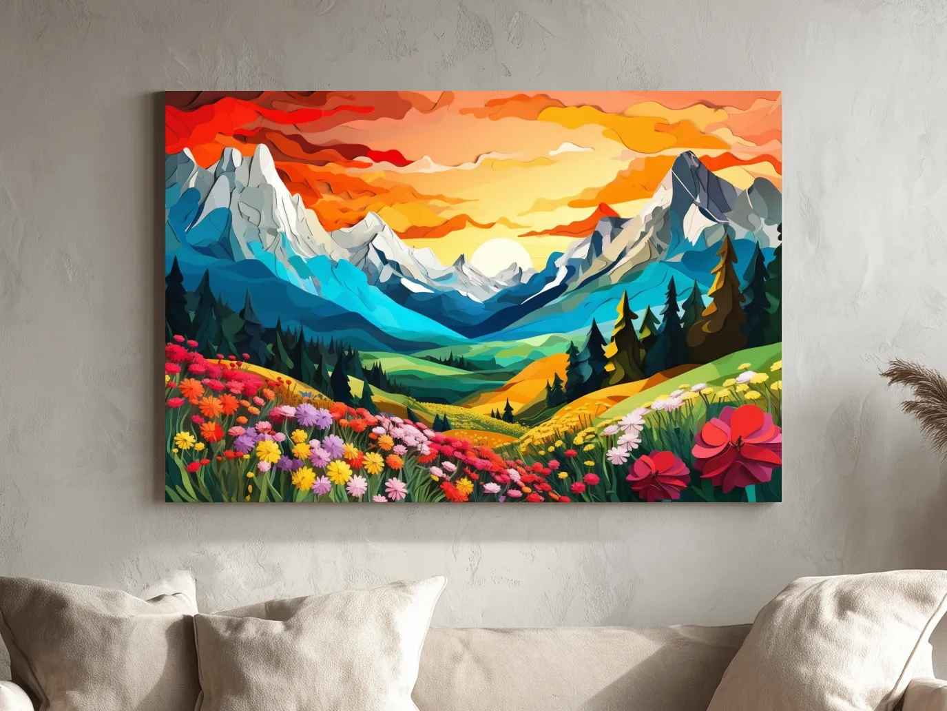 Vibrant Wildflower Mountain Valley Sunset - Colorful Paper Cutout Style Wall Art
