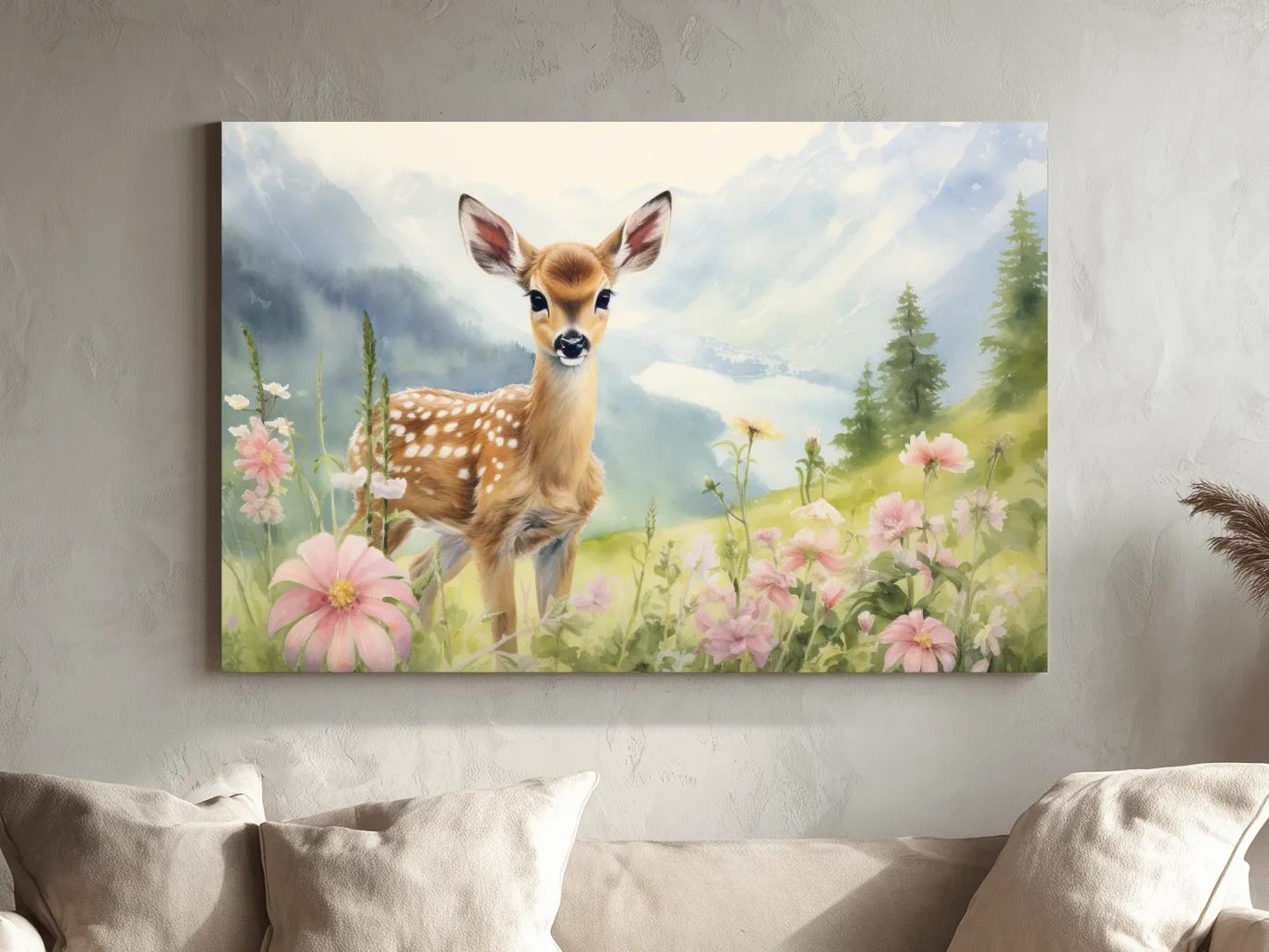 Watercolor Fawn In Wildflowers - Pastel Alpine Meadow Nursery Wall Art