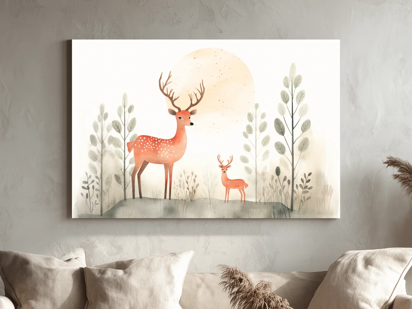 Whimsical Watercolor Deer Family Illustration - Scandinavian Nursery Forest Wall Art