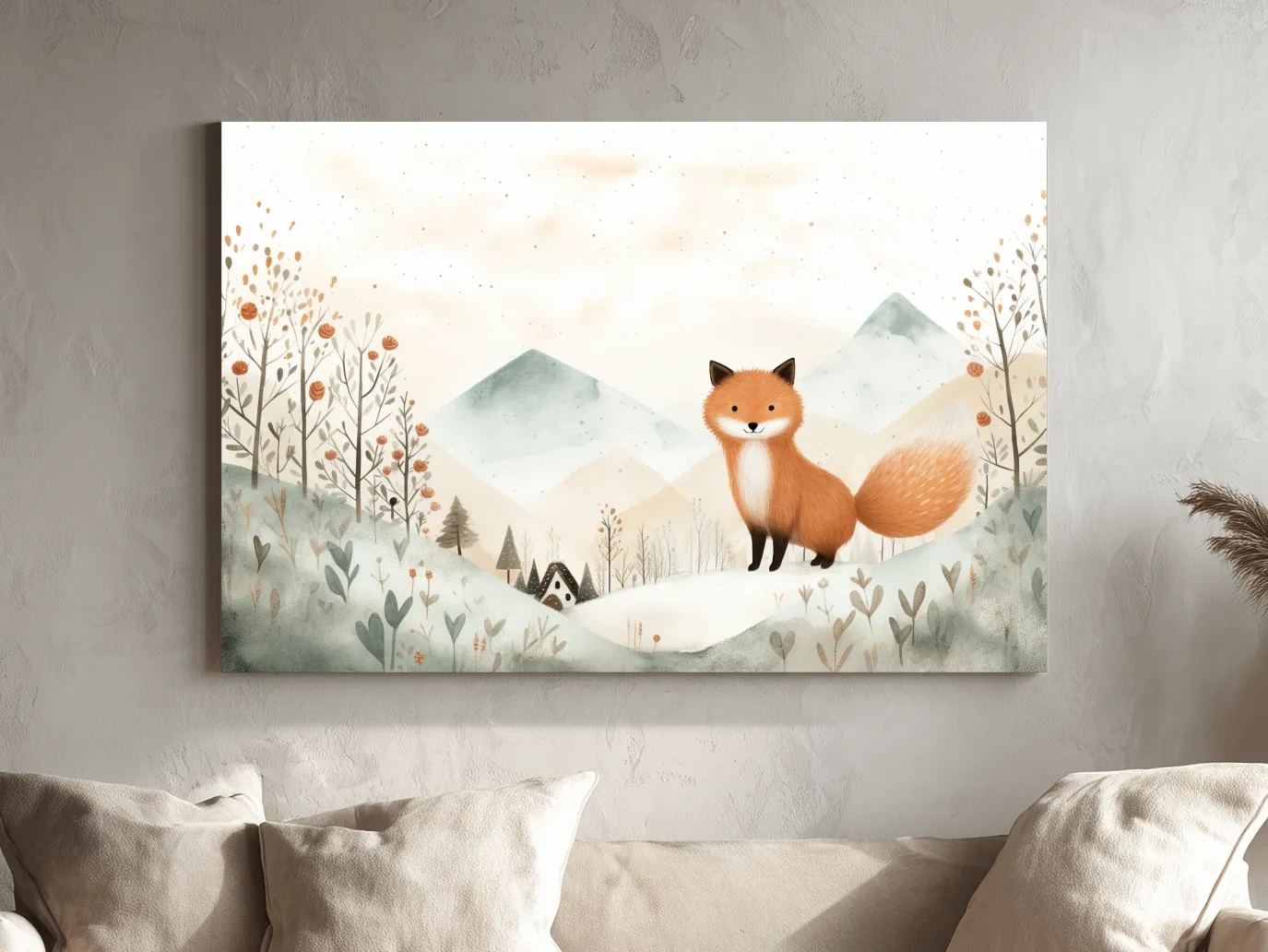 Whimsical Watercolor Fox In Pastel Mountains - Cute Nursery Animal Wall Art