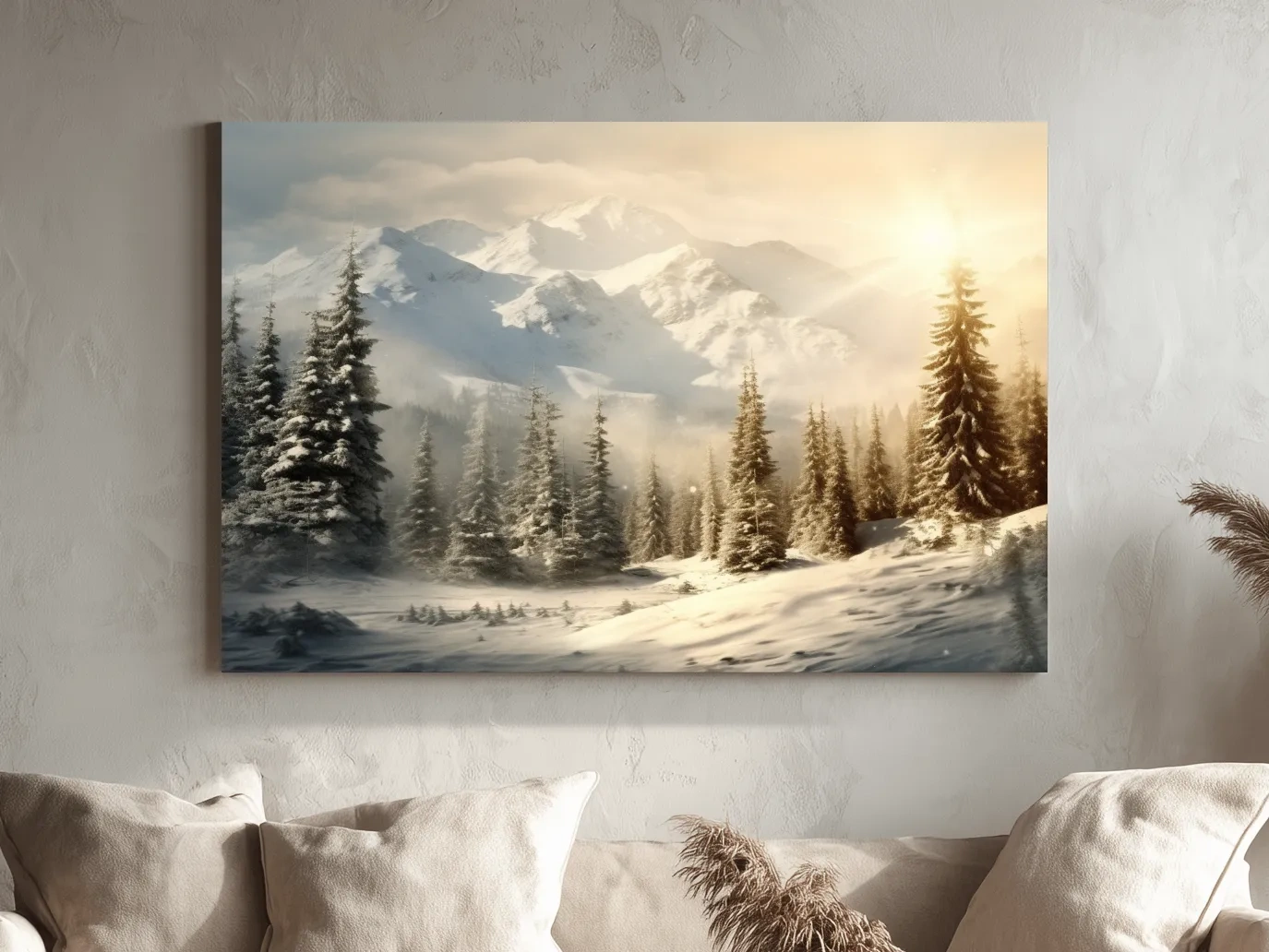 Golden Sunrise Snowy Mountain Landscape - Serene Winter Pine Forest Wall Art