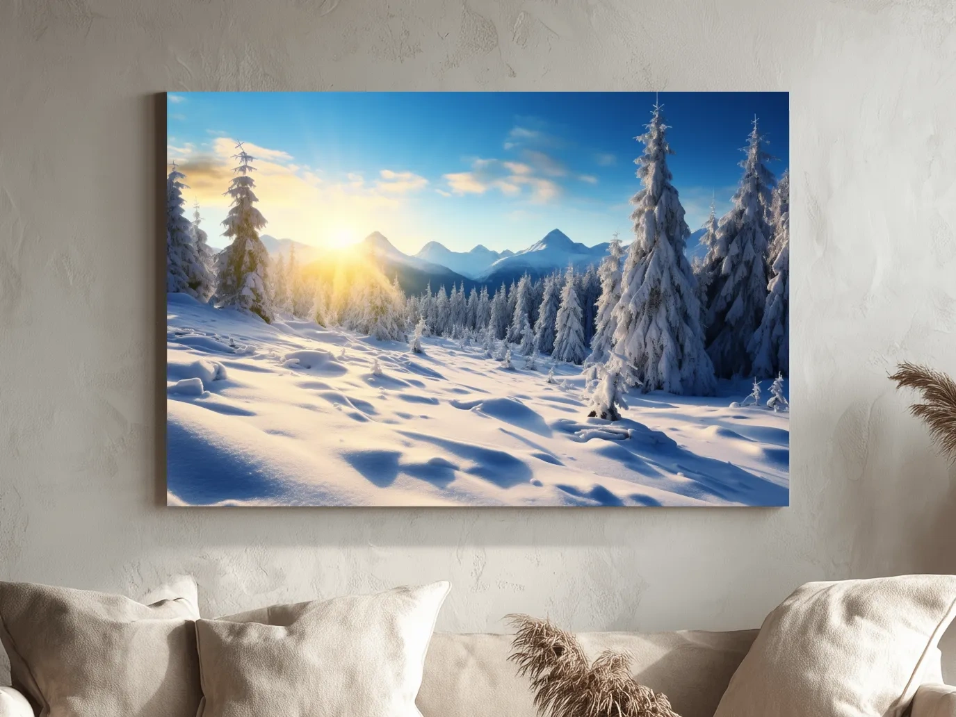 Snowy Sunrise Alpine Forest Landscape - Serene Photographic Nature Wall Art