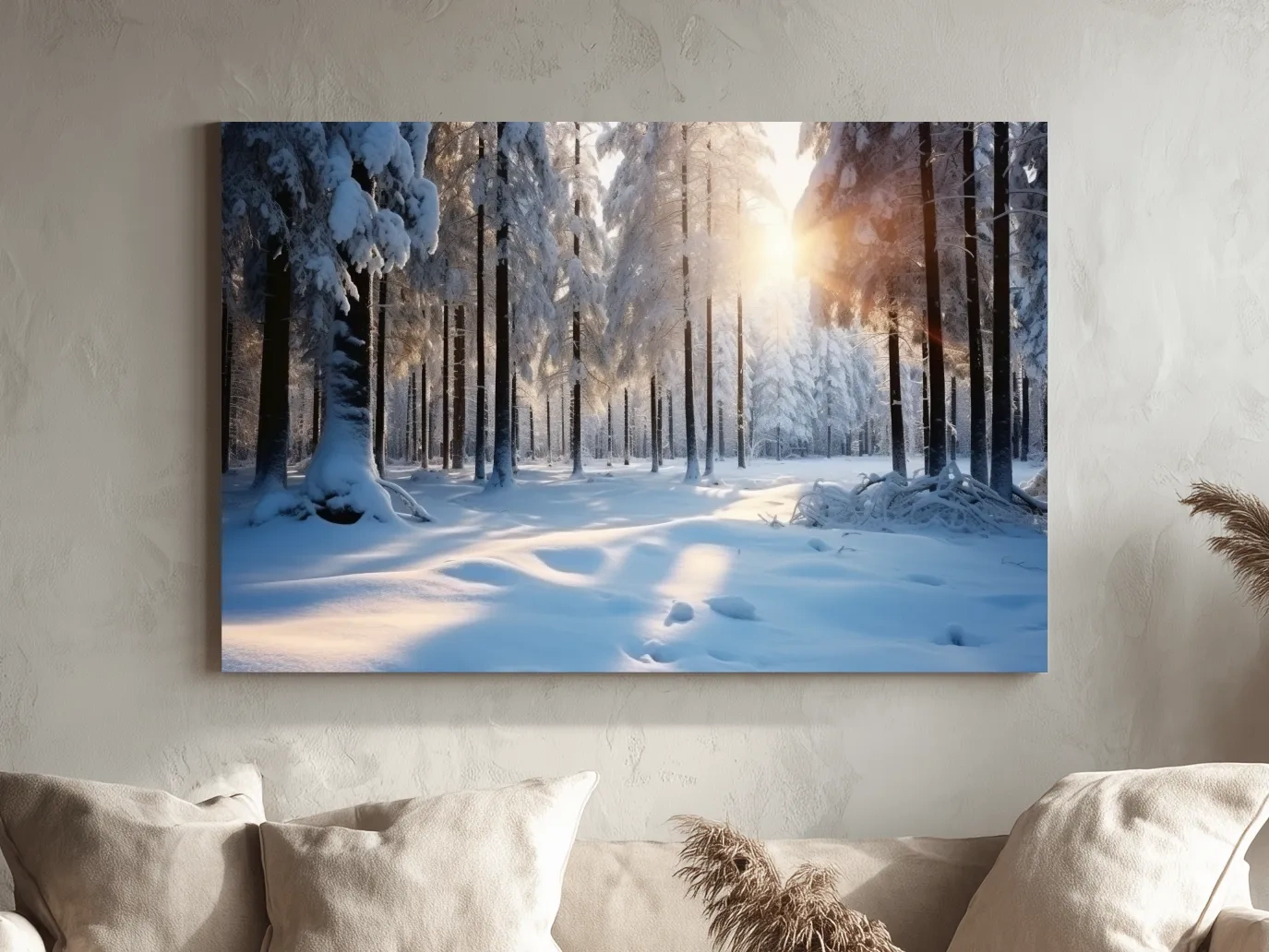 Sunlit Snowy Pine Forest Landscape - Serene Winter Nature Wall Art