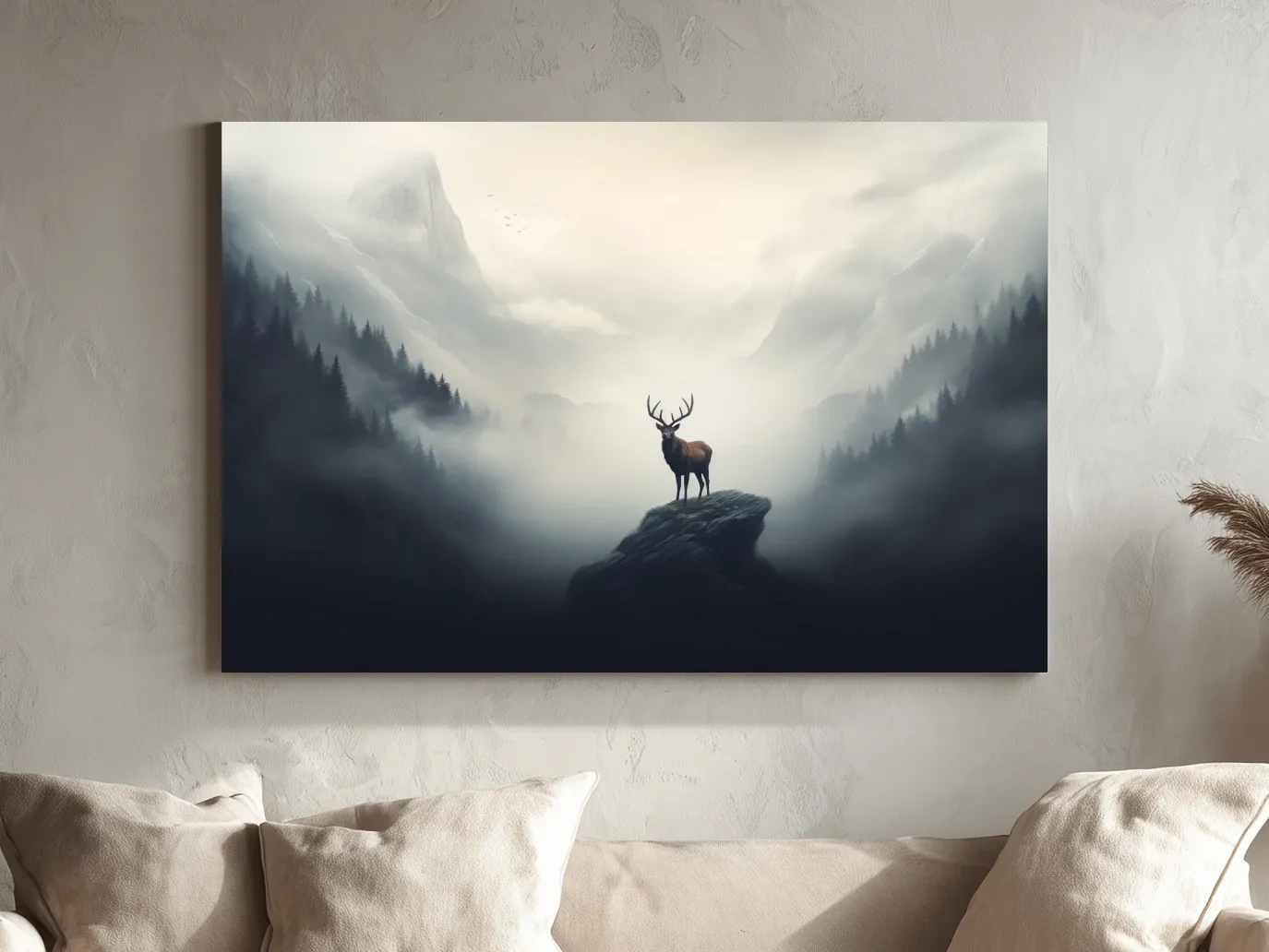Majestic Stag On Rocky Peak - Misty Mountain Forest Wall Art