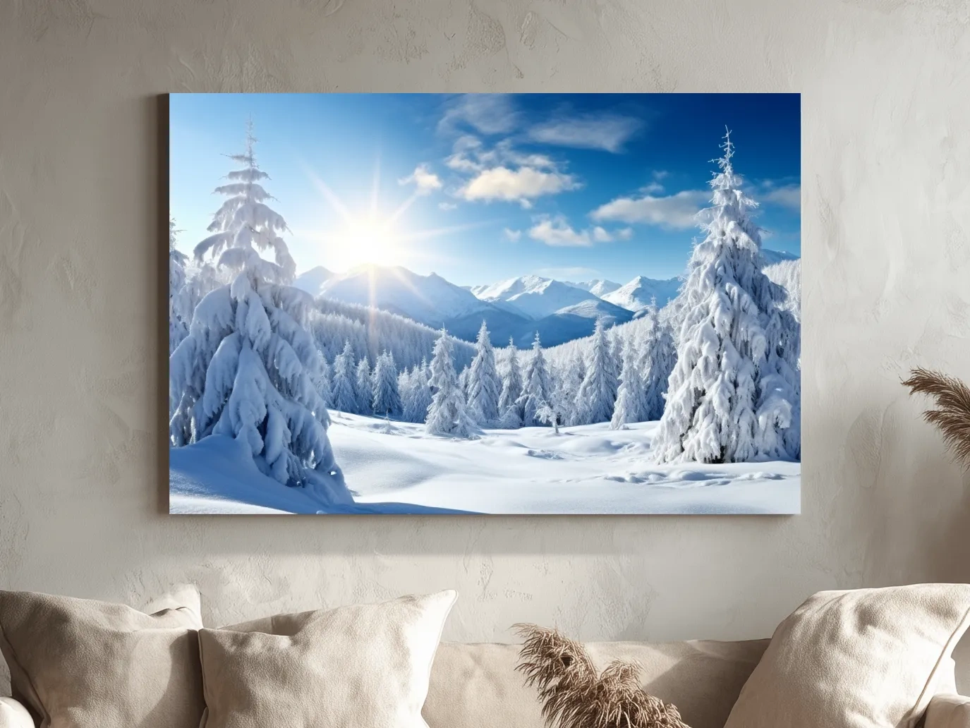 Sunlit Snowy Mountain Winter Landscape - Photographic Alpine Forest Wall Art