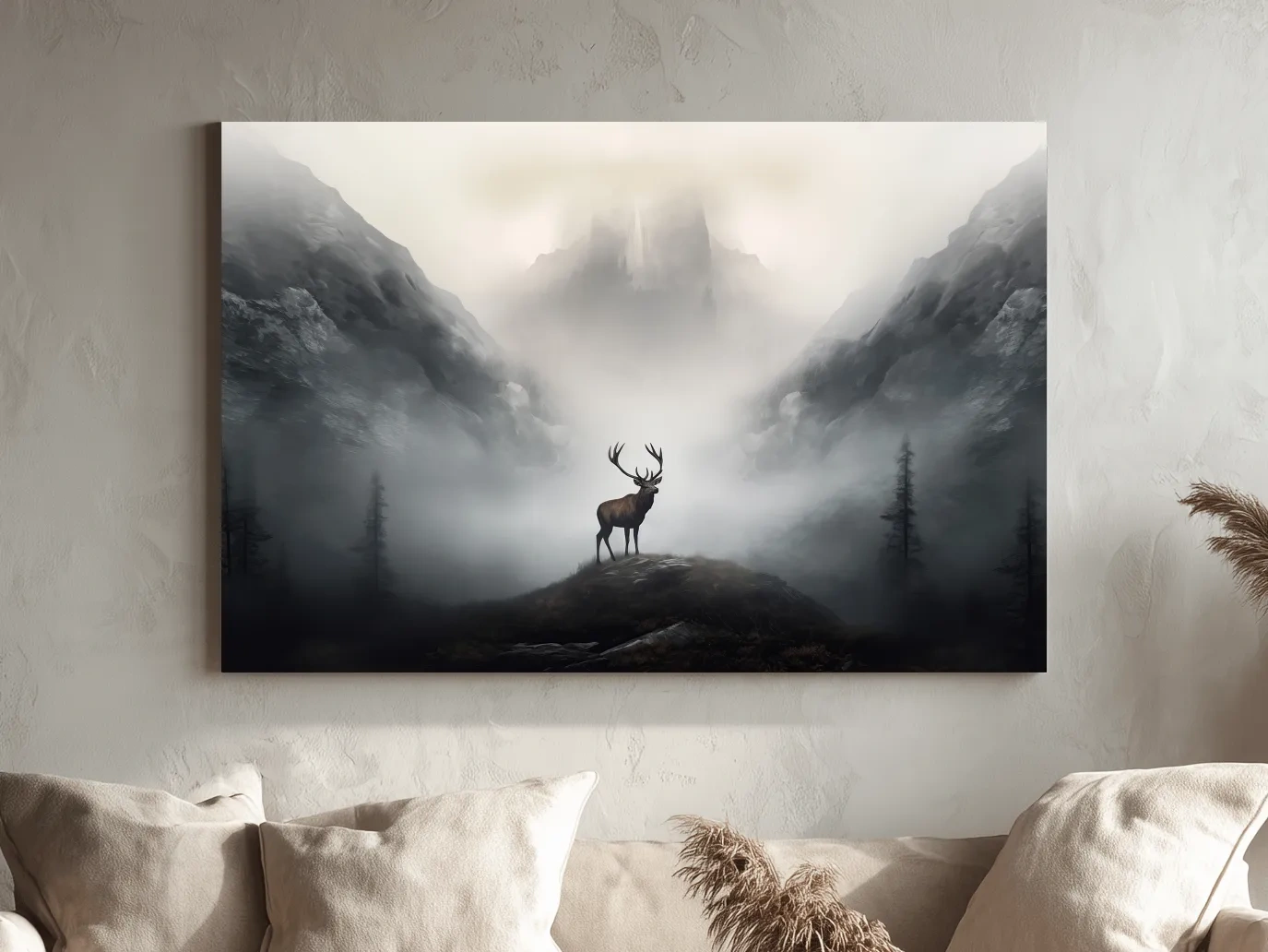 Moody Misty Mountain Stag Silhouette - Atmospheric Wildlife Landscape Art