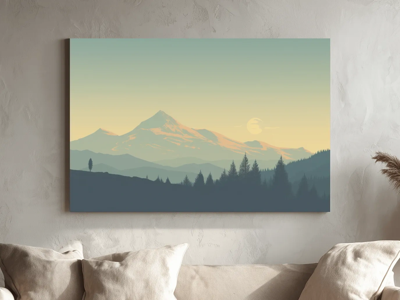 Minimalist Misty Mountain Sunrise Landscape - Serene Alpine Forest Wall Art