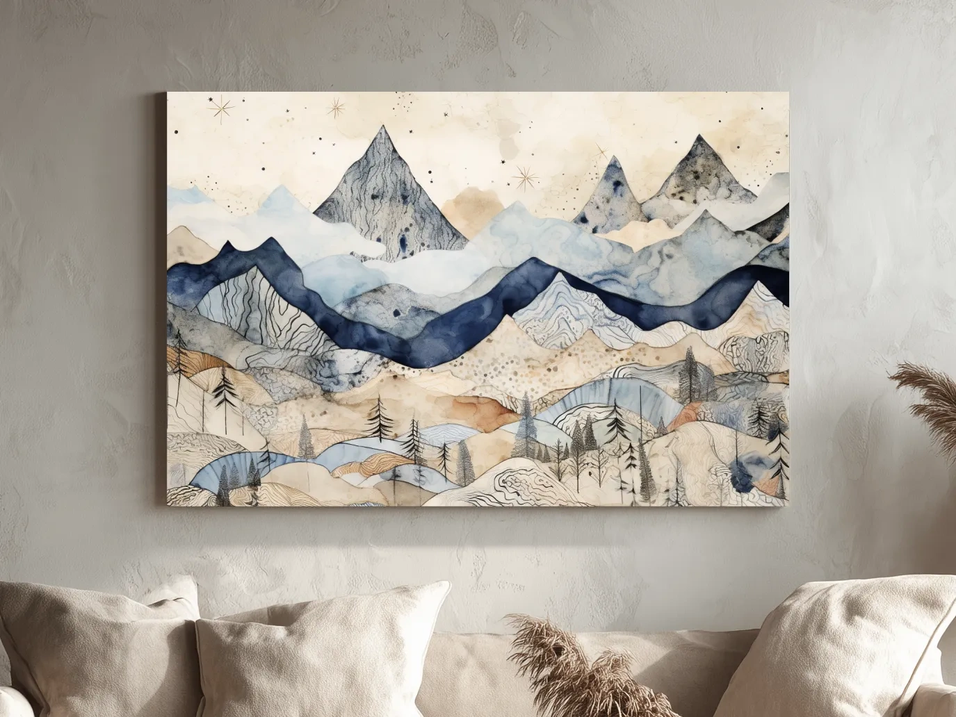 Patchwork Watercolor Mountain Range - Modern Alpine Landscape Wall Art