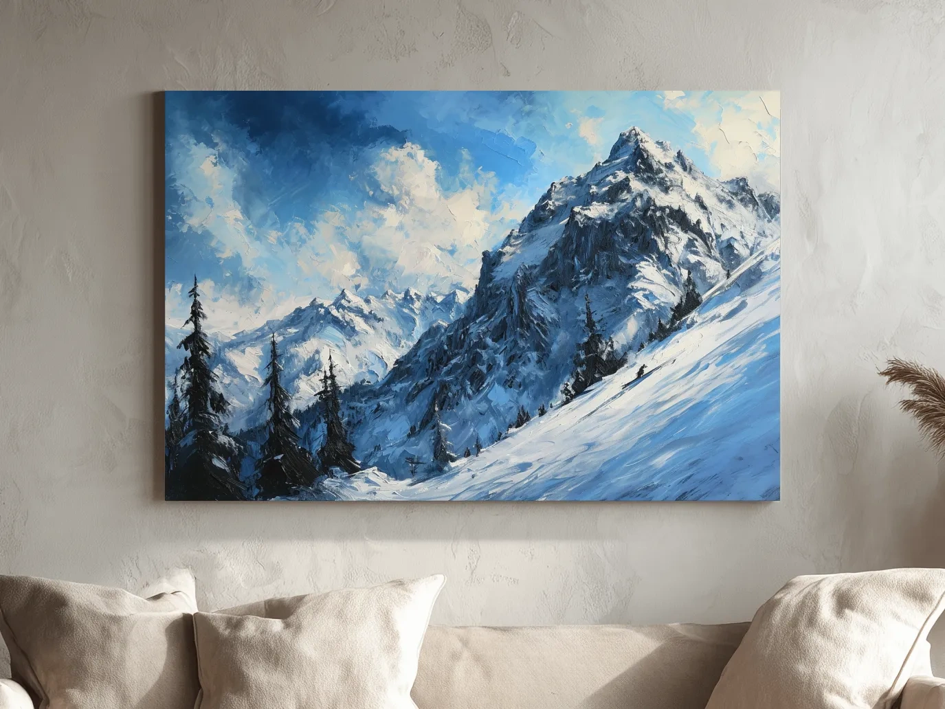 Alpine Snowy Peak Oil Painting - Moody Mountain Landscape Wall Art