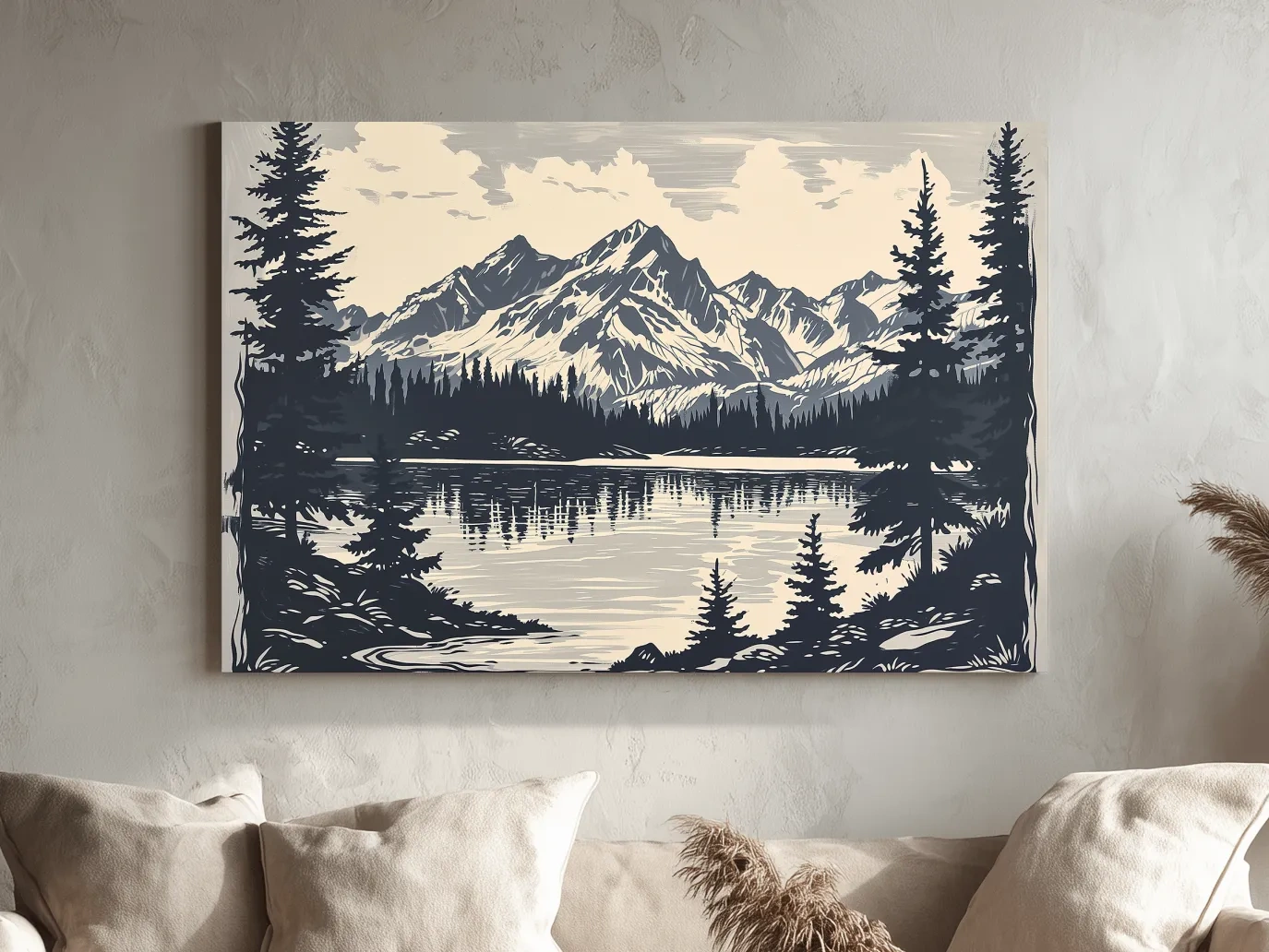 Vintage Alpine Lake Mountain Illustration - Monochrome Linocut Style Artwork