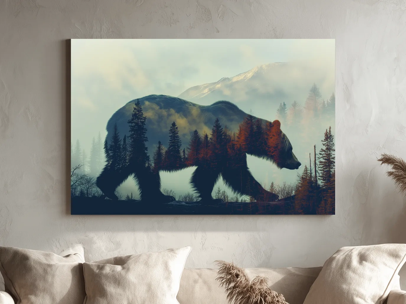 Moody Double Exposure Grizzly Bear Silhouette - Misty Pine Forest Mountain Wall Art