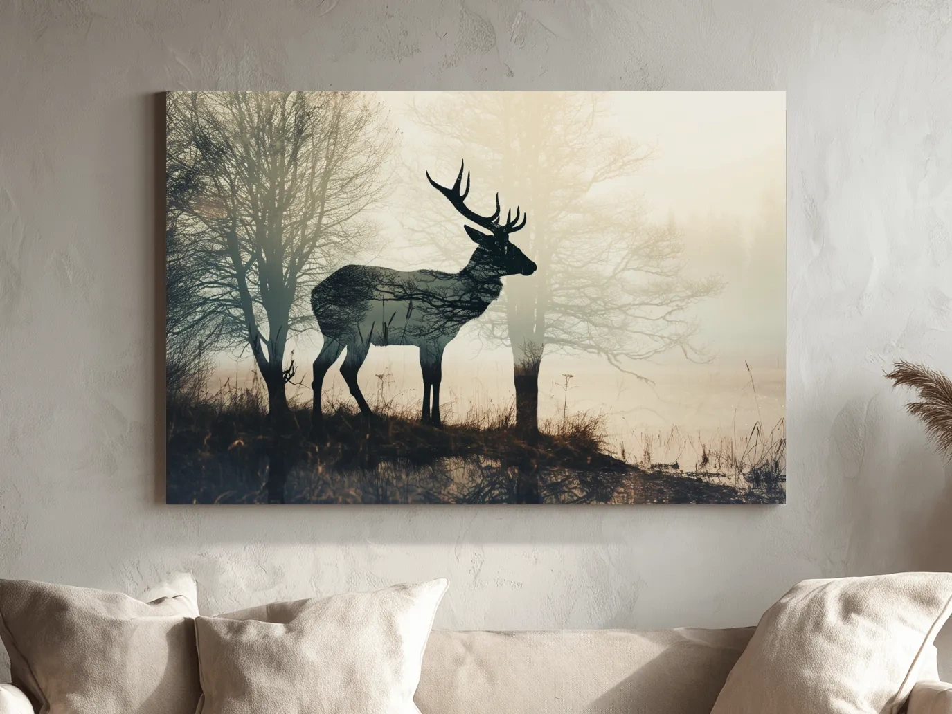 Misty Deer Silhouette Forest Landscape - Double Exposure Wildlife Photography Wall Art