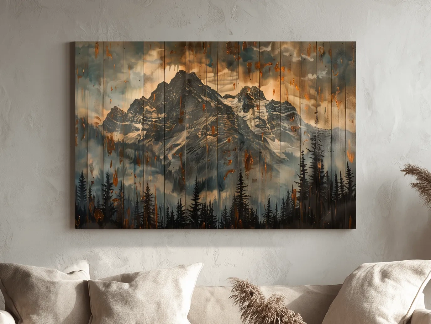 Rustic Mountain Range Painting - Alpine Forest Wood Panel Wall Art