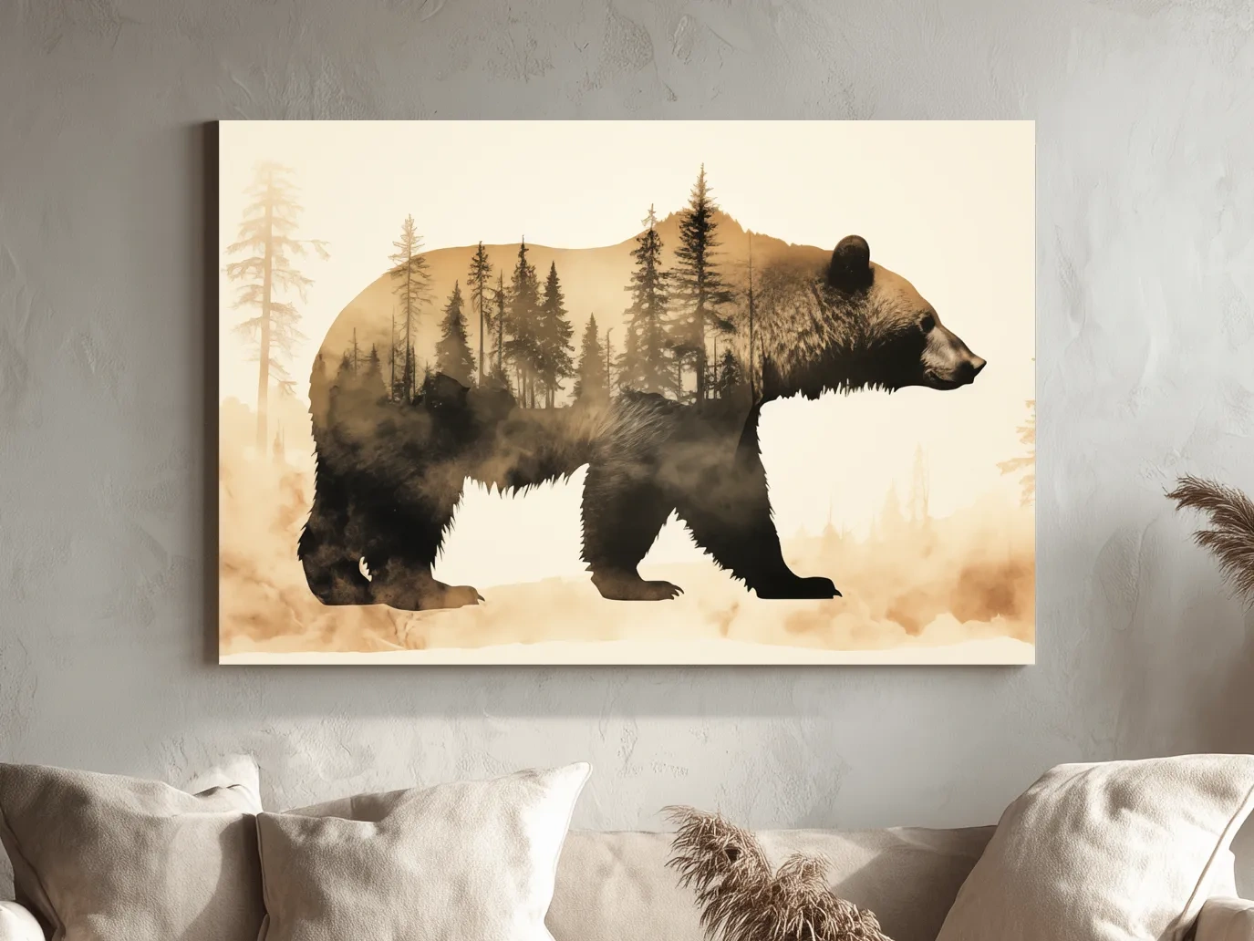 Double Exposure Grizzly Bear Forest Silhouette - Misty Wilderness Nature Artwork
