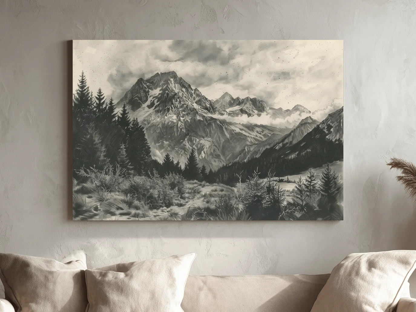 Monochrome Alpine Meadows Mountain Range - Vintage Sketch Landscape Wall Art