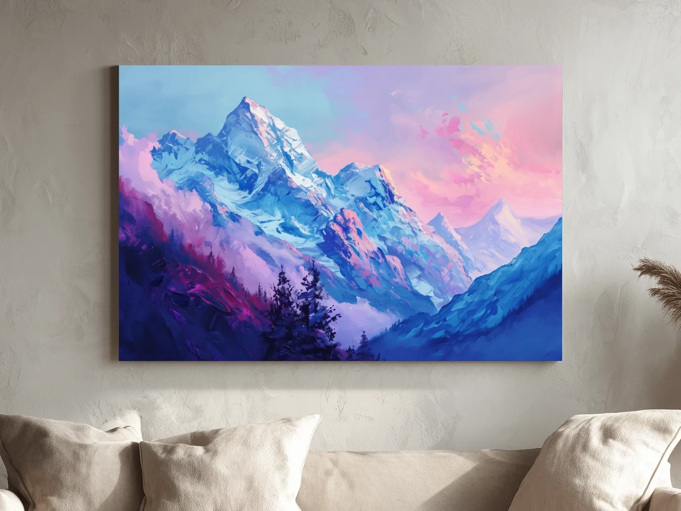 Vibrant Impressionism Alpine Mountain Painting - Colorful Snowy Peaks Wall Art