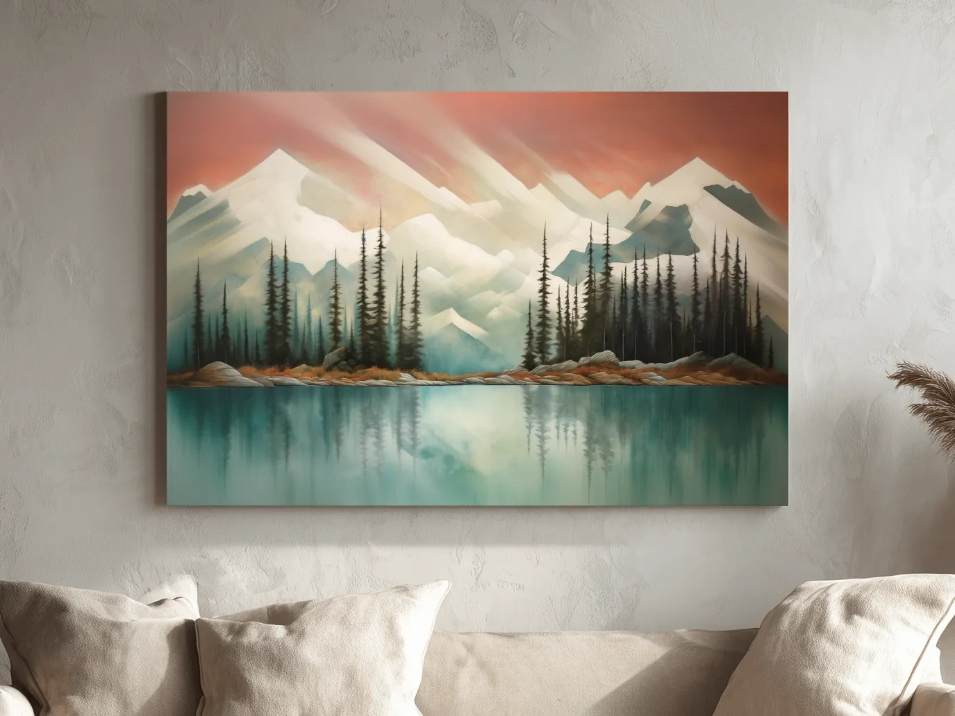 Abstract Alpine Lake Landscape Painting - Serene Pine Forest Mountain Wall Art
