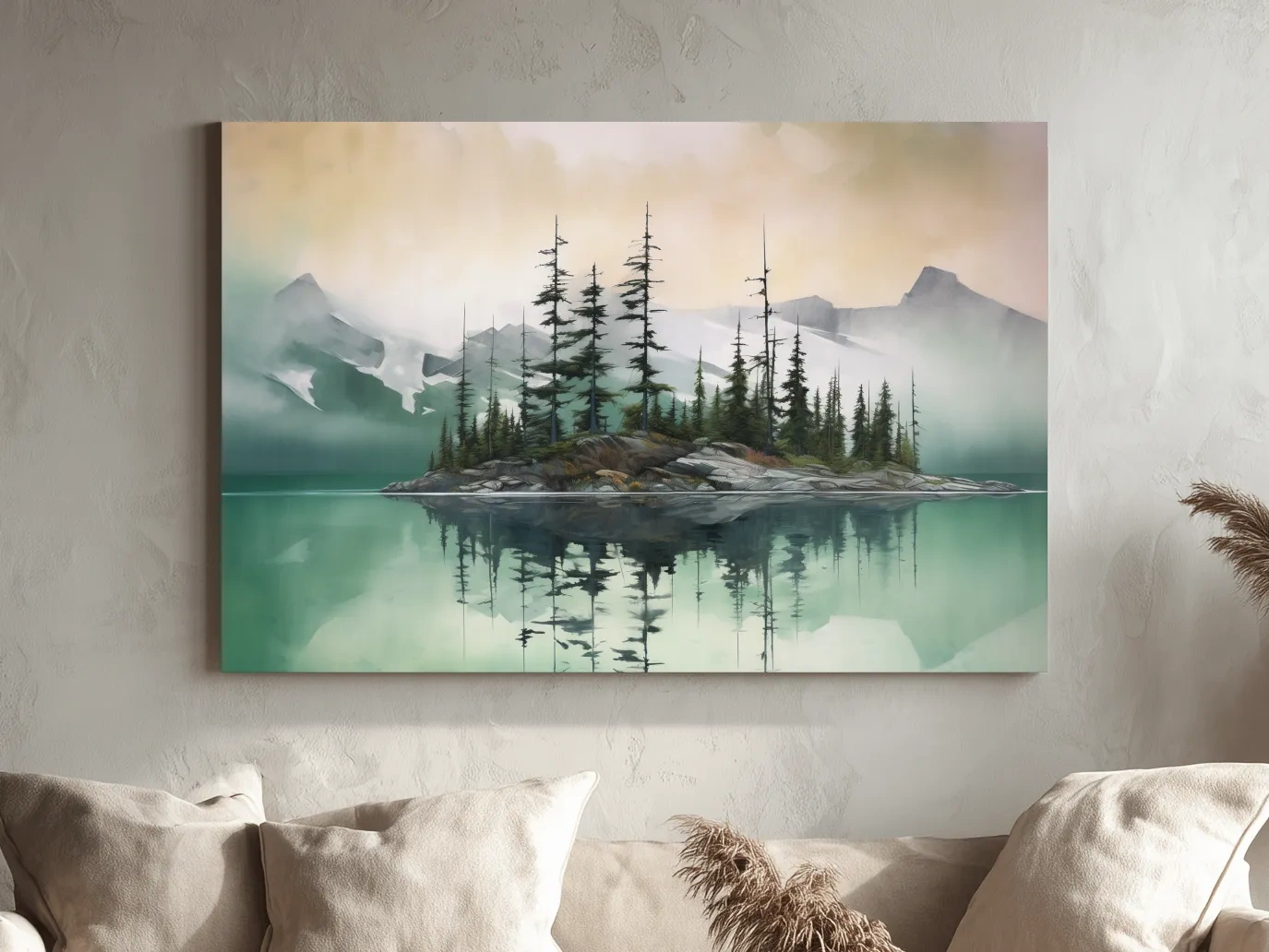 Misty Turquoise Alpine Lake Reflection - Serene Watercolor Mountain Landscape Wall Art