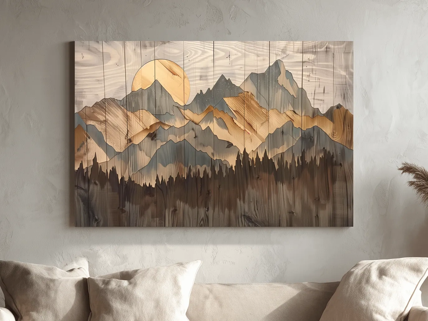Rustic Mountain Range Sunrise - Woodgrain Style Forest Wall Art