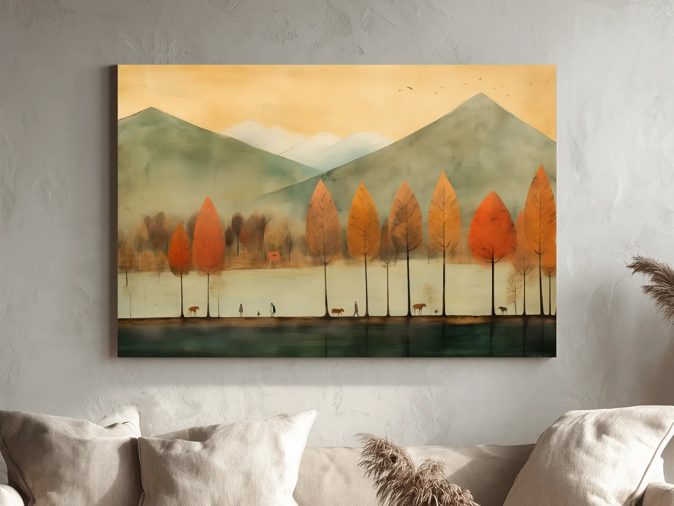 Autumn Tree Lined Lake Landscape - Quirky Watercolor Style Wall Art