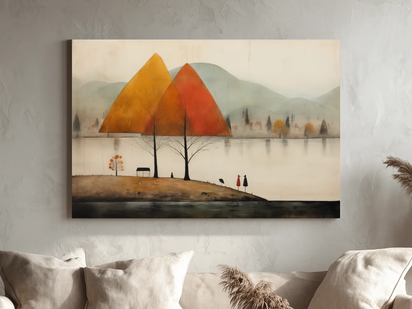 Autumn Mountains Over Misty Lakeside - Quirky Landscape Artwork