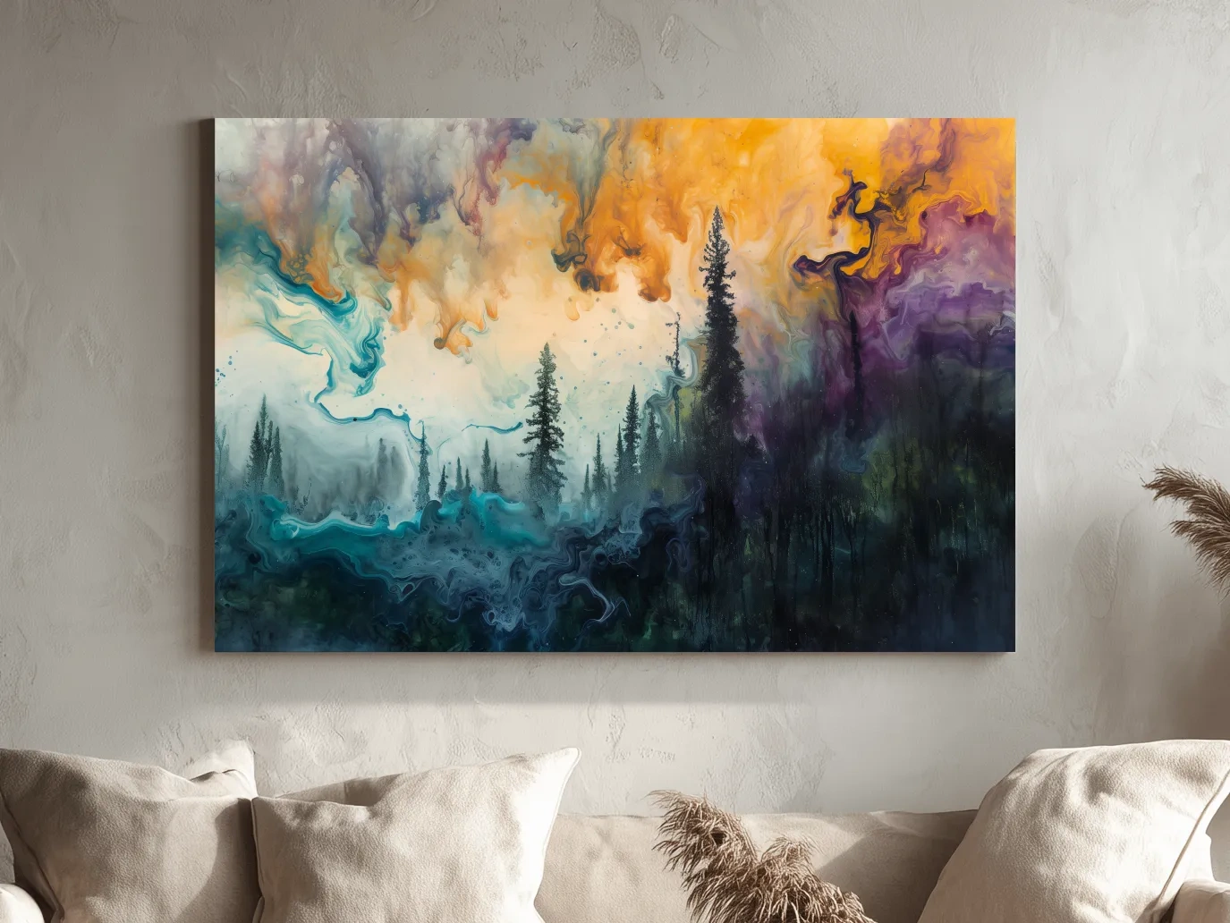 Vibrant Abstract Forest Smoke Swirls - Fluid Acrylic Style Wall Art
