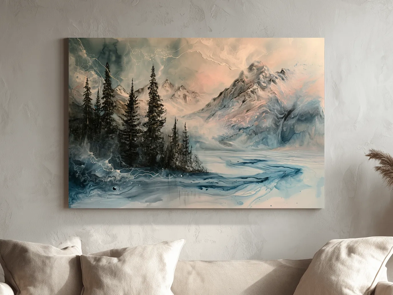 Ethereal Mountain Lake Alpine Forest - Moody Abstract Alcohol Ink Wall Art