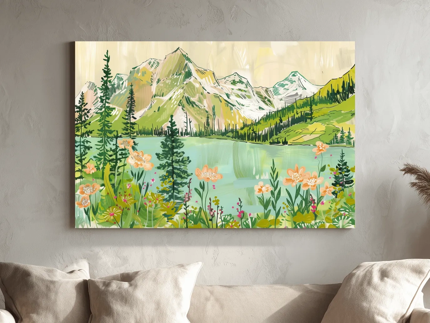 Whimsical Alpine Lake Wildflower Stylized Painting - Mountain Meadows Wall Art