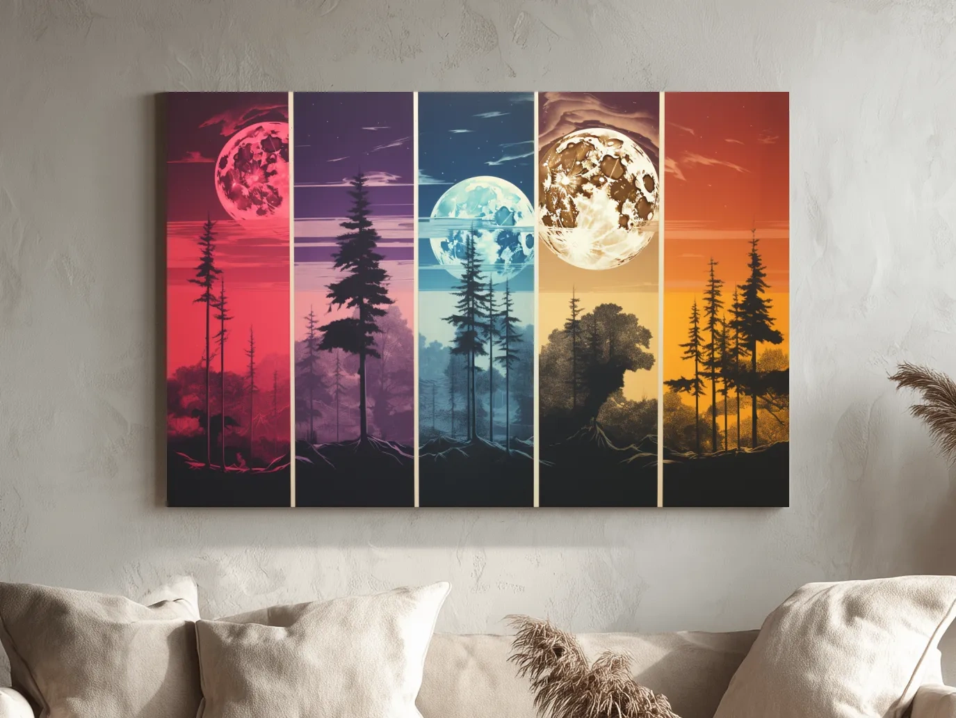 Multipanel colorful treeline under the moonlit sky, risograph style artwork