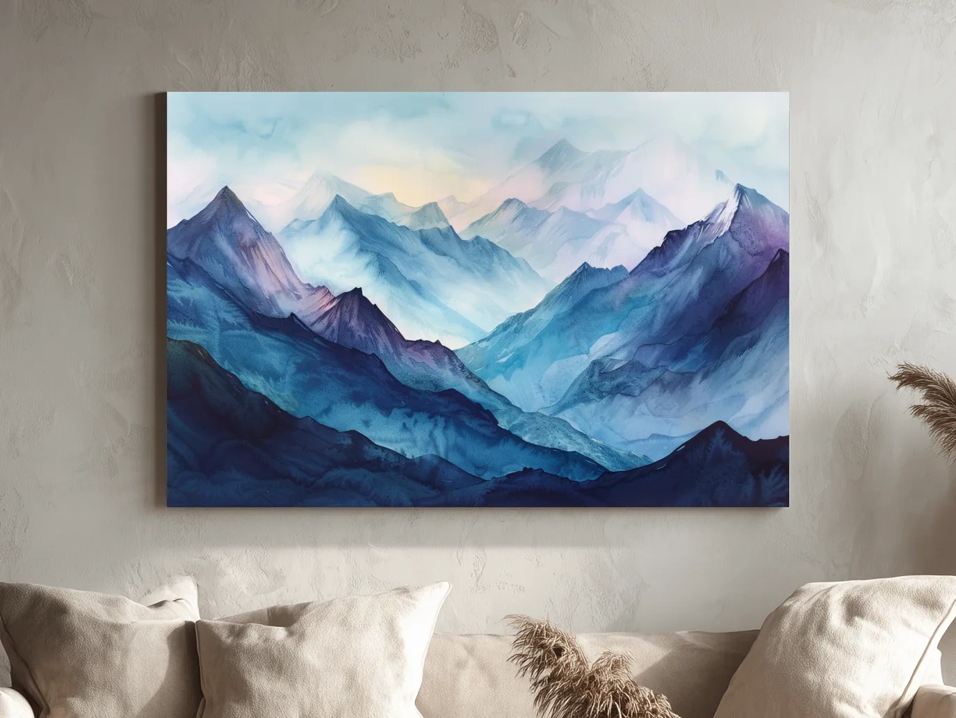 Misty Blue Watercolor Mountain Range Artwork - Serene Colourful Landscape Wall Art
