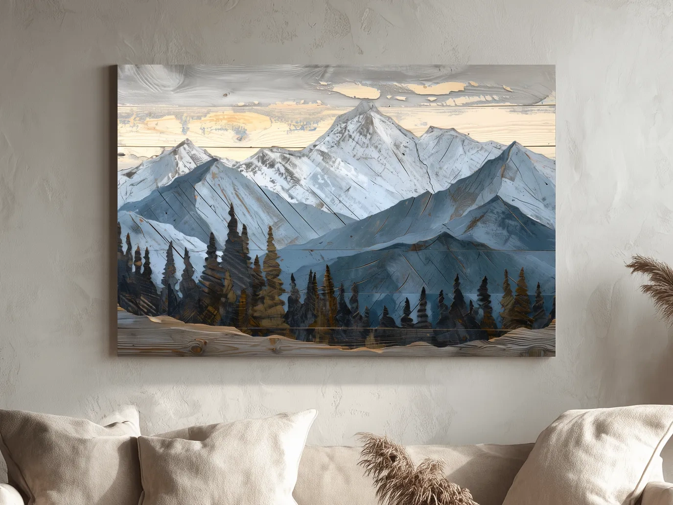 Alpine Forest Mountain Range Artwork - Rustic Woodgrain Landscape Wall Art