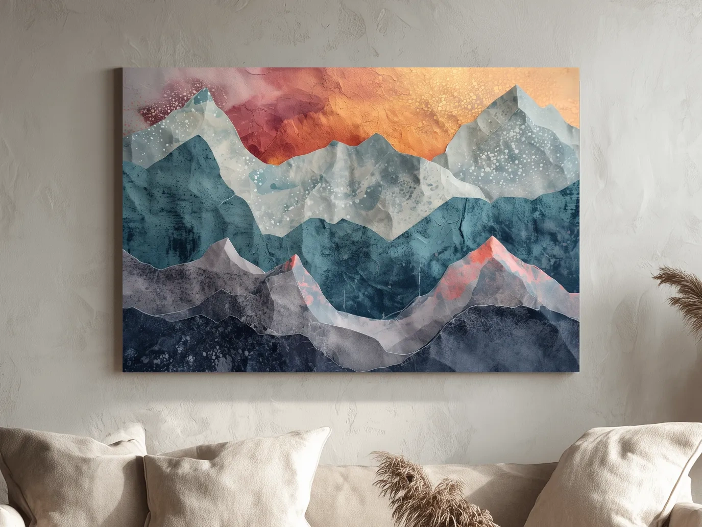 Layered Abstract Mountain Range Sunset - Modern 3D Mixed Media Landscape Wall Art